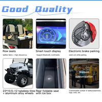 Voiturette de golf électrique tout-terrain – détails des sièges, de l'écran tactile, du frein électronique, des pneus et de la banquette arrière