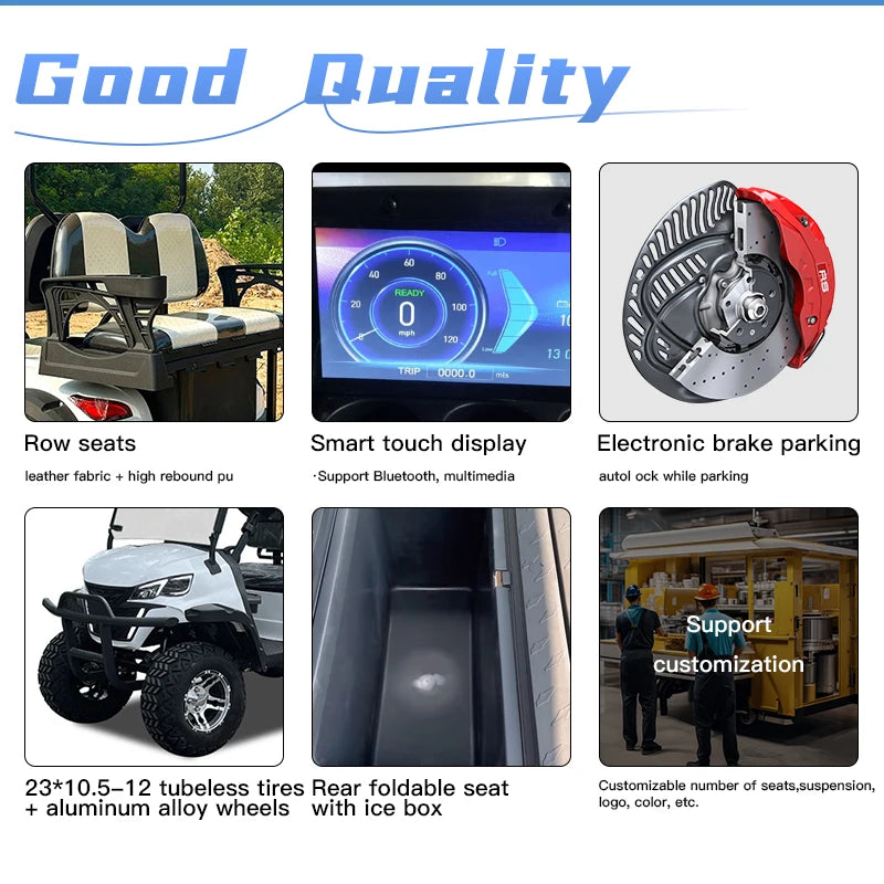 Voiturette de golf électrique tout-terrain – détails des sièges, de l'écran tactile, du frein électronique, des pneus et de la banquette arrière