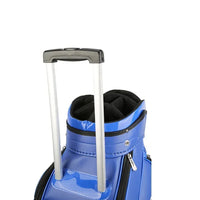 Sac de golf tour en cuir PU à roulettes – détail de la poignée télescopique et du haut du sac bleu
