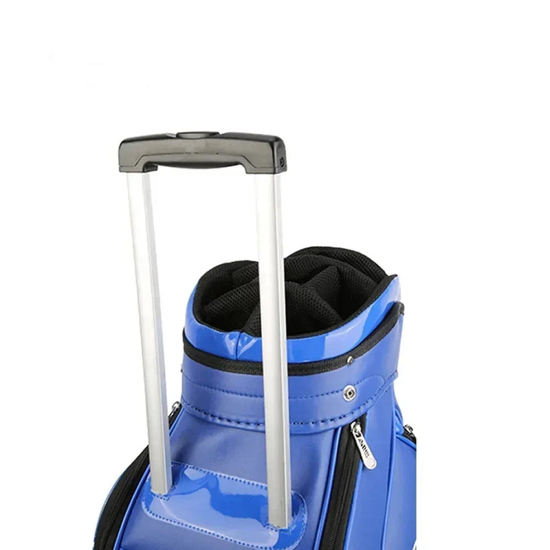 Sac de golf tour en cuir PU à roulettes – détail de la poignée télescopique et du haut du sac bleu