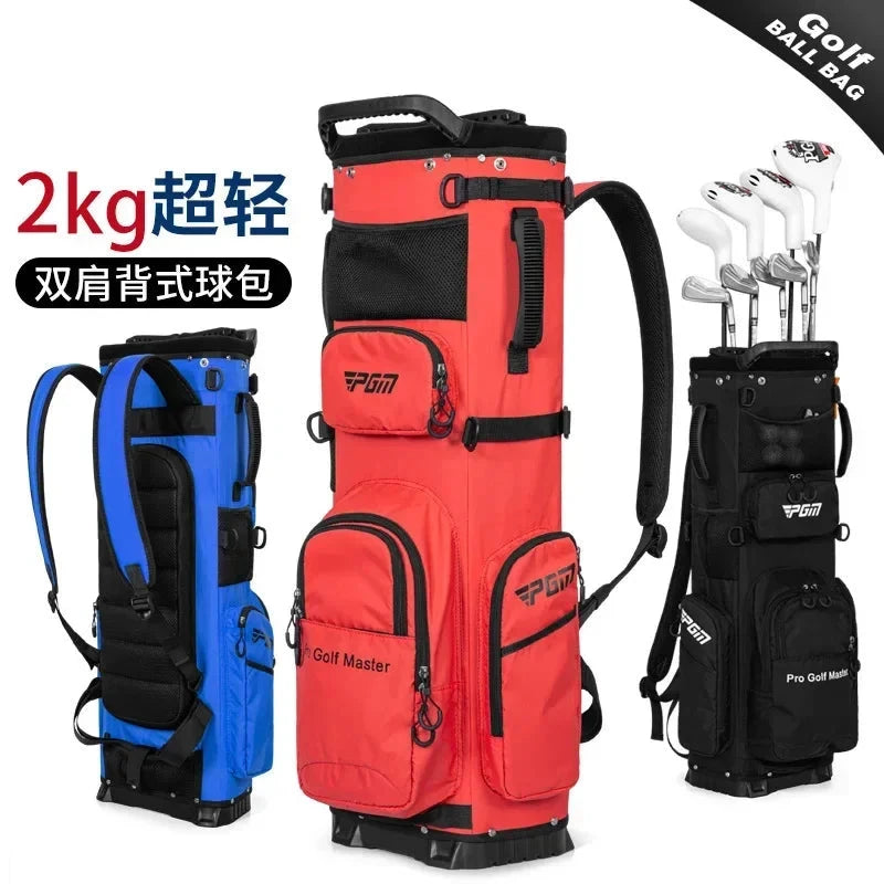 Sac de golf à dos ultraléger – sac à dos bleu et rouge de face, avec les clubs et le poids de 2 kg