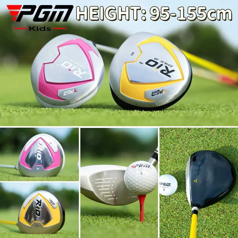 Driver de golf enfant – têtes noir et jaune et blanc et rose posées sur le gazon