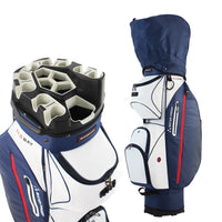 Sac de golf chariot blanc et bleu marine, vue du plateau à 14 séparateurs et du côté