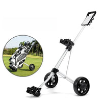 Chariot de golf 2 roues aluminium – chariot sur fond blanc avec un sac de golf en vignette