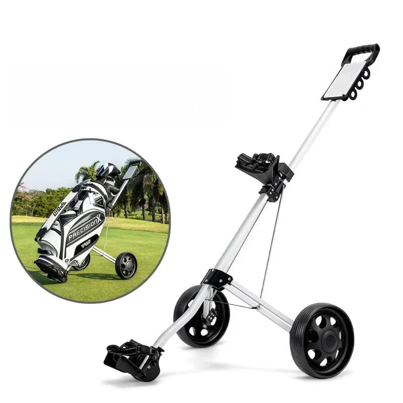 Chariot de golf 2 roues aluminium – chariot sur fond blanc avec un sac de golf en vignette