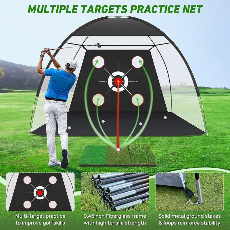Filet de golf multi-cibles – golfeur frappant vers l'une des cibles de la toile