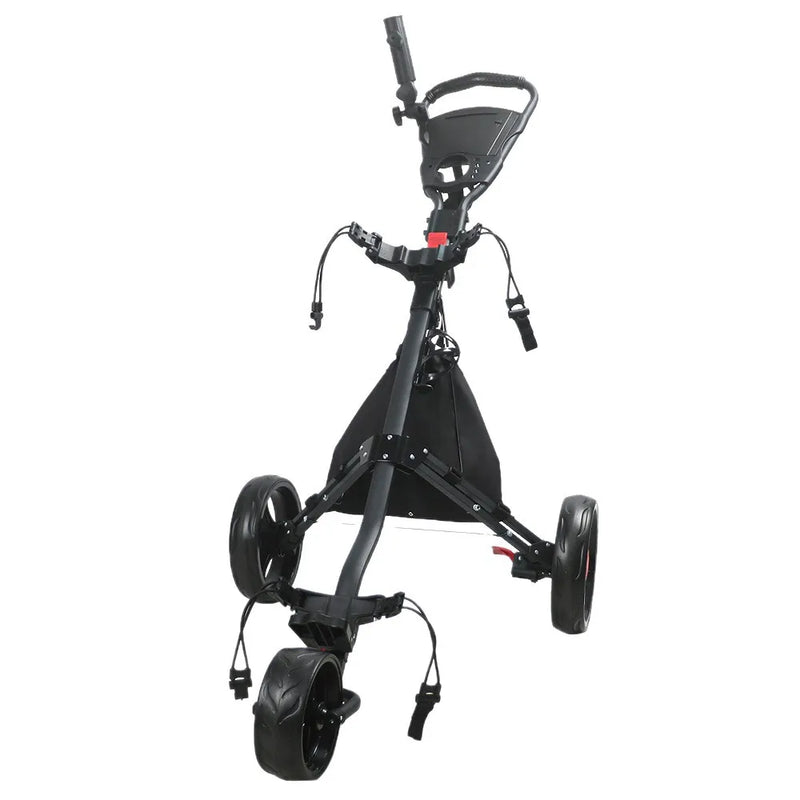 Chariot de golf pliable 3 roues aluminium – vue de face du chariot déployé sur fond blanc