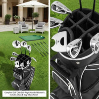 Set de golf complet femme – sac noir et tapis de putting dans un jardin