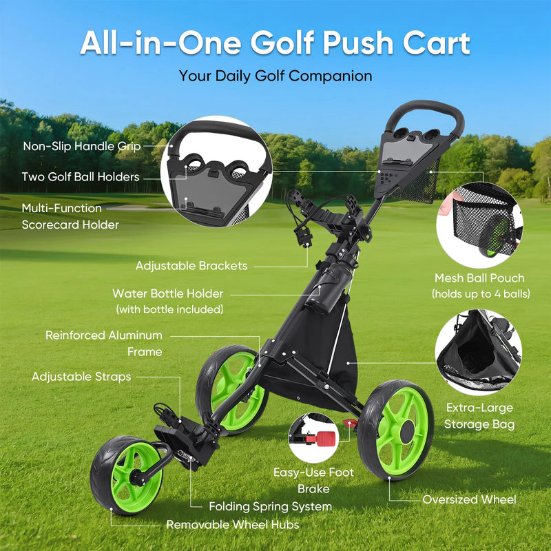 Chariot de golf pliable 3 roues 5 kg – équipements du chariot : porte-balles, porte-bouteille, poche en filet, sac de rangement