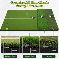 Tapis de practice golf 3 gazons – les trois gazons : fairway de 31 mm, rough de 55 mm et départ de 50 mm