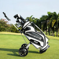 Chariot de golf 2 roues aluminium – chariot incliné avec un sac de golf plein sur le gazon
