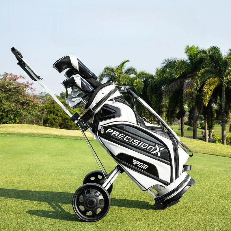 Chariot de golf 2 roues aluminium – chariot incliné avec un sac de golf plein sur le gazon