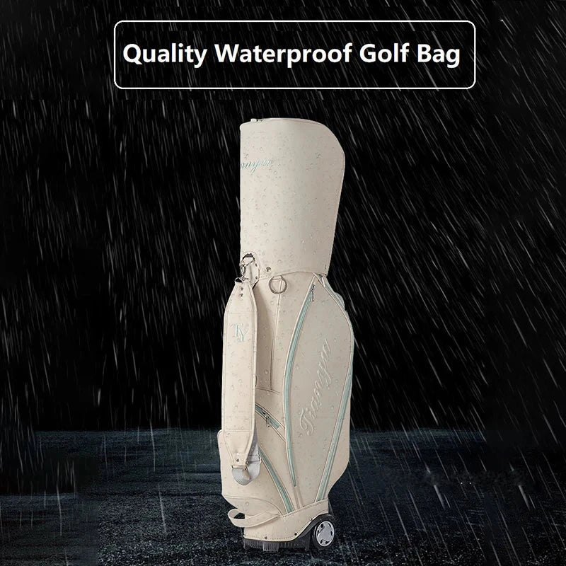 Sac de golf à roulettes étanche – sac beige sous la pluie