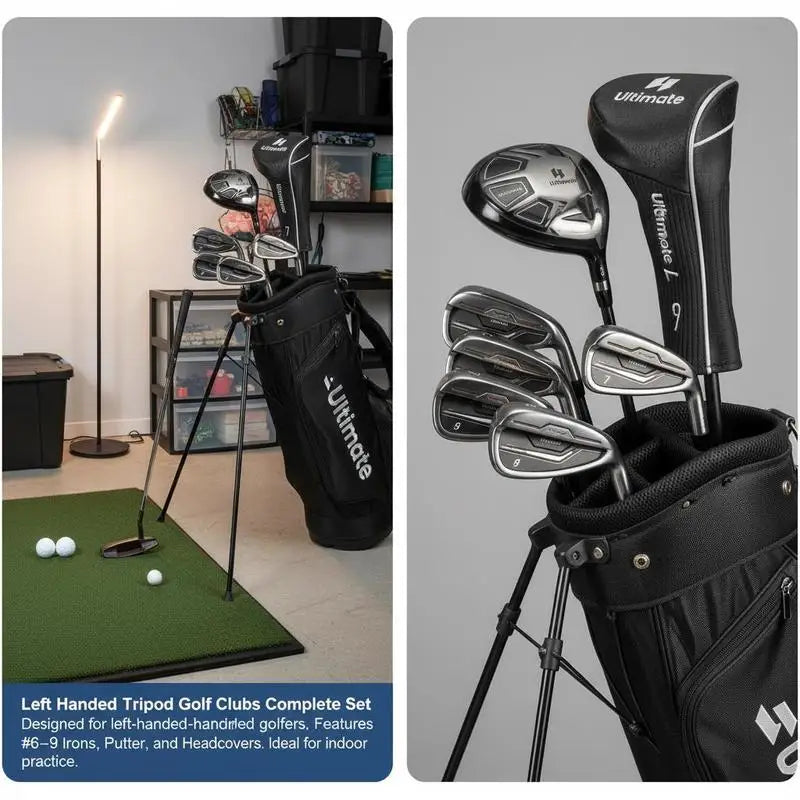 Set de golf complet gaucher – sac trépied et clubs rangés dans un coin d'entraînement