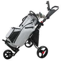 Chariot de golf pliable 3 roues aluminium – chariot noir à moyeux rouges avec un sac de golf gris
