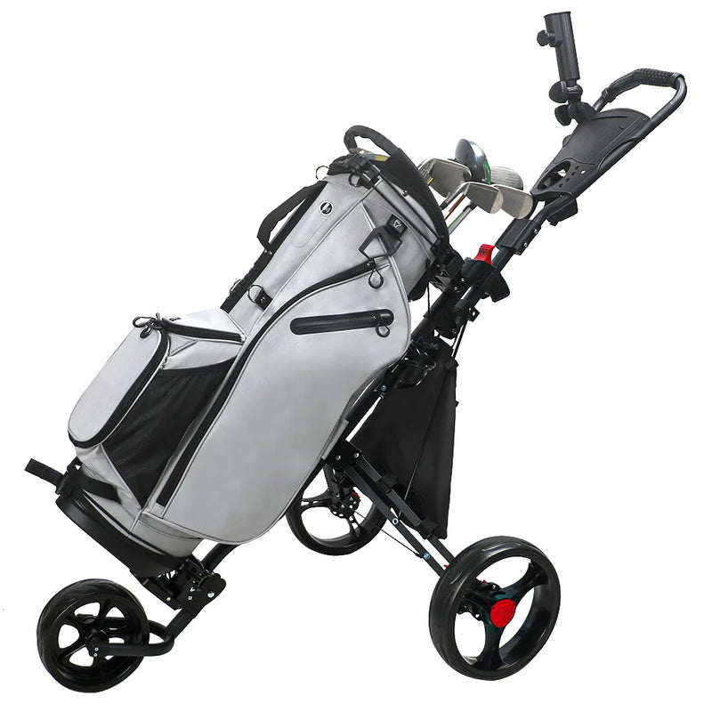 Chariot de golf pliable 3 roues aluminium – chariot noir à moyeux rouges avec un sac de golf gris