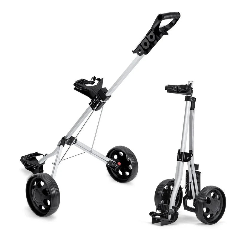 Chariot de golf 2 roues aluminium – chariot déployé et chariot replié côte à côte
