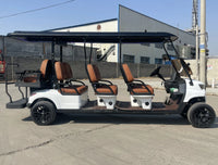 Voiturette de golf électrique blanche – version longue à sièges bruns en vue de profil