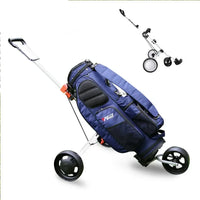 Chariot de golf manuel aluminium – chariot chargé d'un sac de golf bleu marine