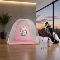 Filet de golf portable – modèle rose à cible souris dans une pièce de la maison