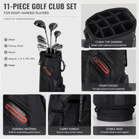 Set de golf complet homme droitier – clubs du set et détails du sac : séparateurs, poche avant, poignée, base stable