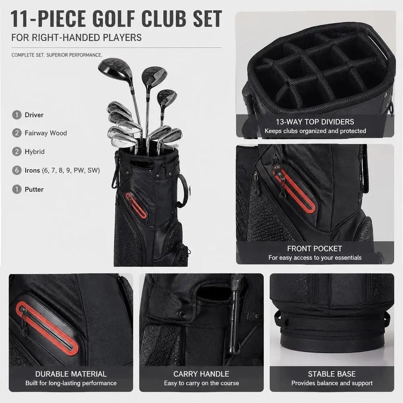 Set de golf complet homme droitier – clubs du set et détails du sac : séparateurs, poche avant, poignée, base stable