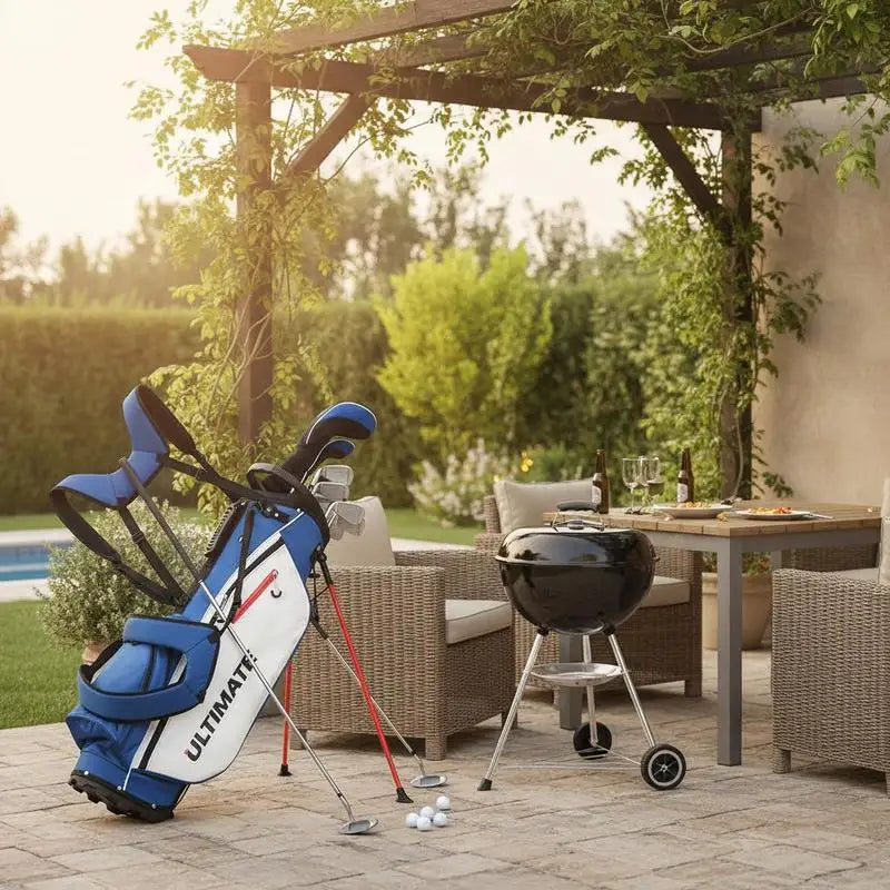 Kit de golf complet homme 9 clubs – sac trépied sur une terrasse avec putters et balles