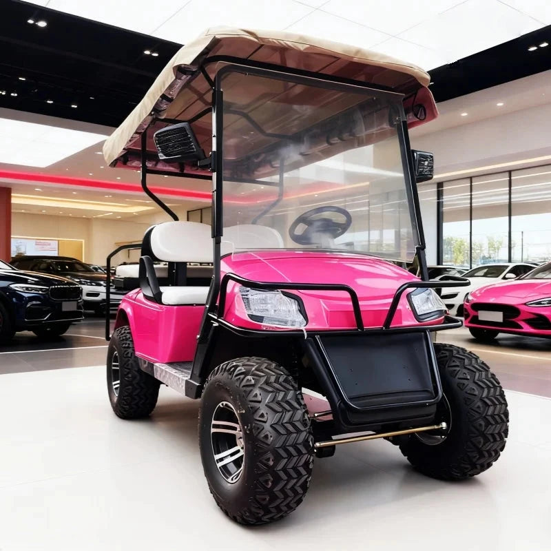 Voiturette de golf électrique multifonction rose à toit crème – vue de trois quarts avant