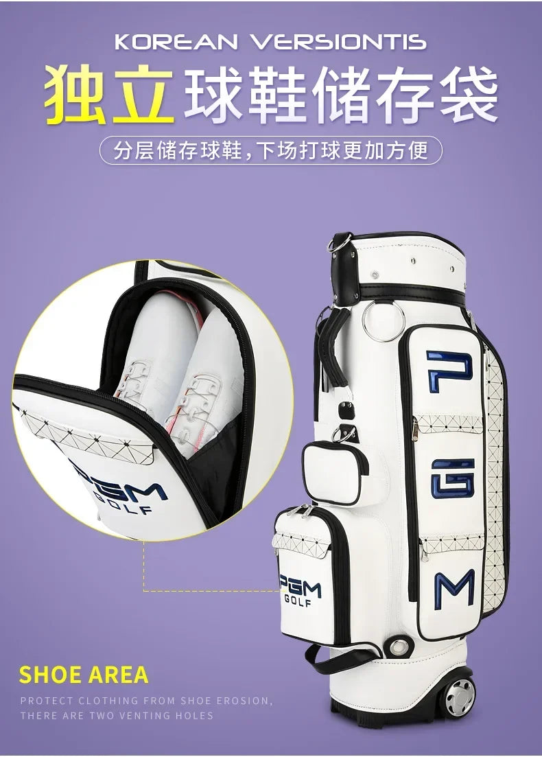 Sac de golf tour blanc à roulettes – détail de la zone chaussures du sac avec une paire de chaussures