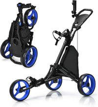 Chariot de golf 3 roues pliable – version à roues bleues