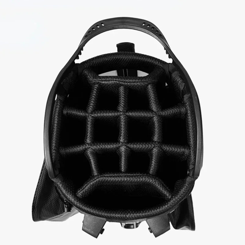 Sac de golf trépied léger – haut du sac vu de dessus avec les 14 compartiments