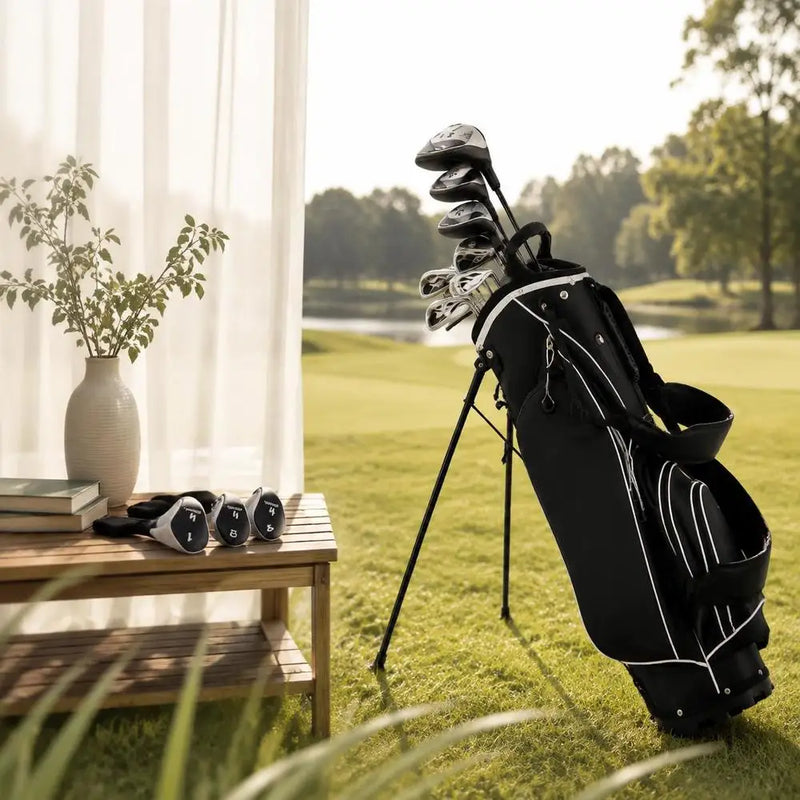 Set de golf complet gaucher – sac trépied noir et couvre-clubs sur le parcours