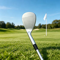 Wedge de golf haute rotation – face rainurée vue de face devant un drapeau