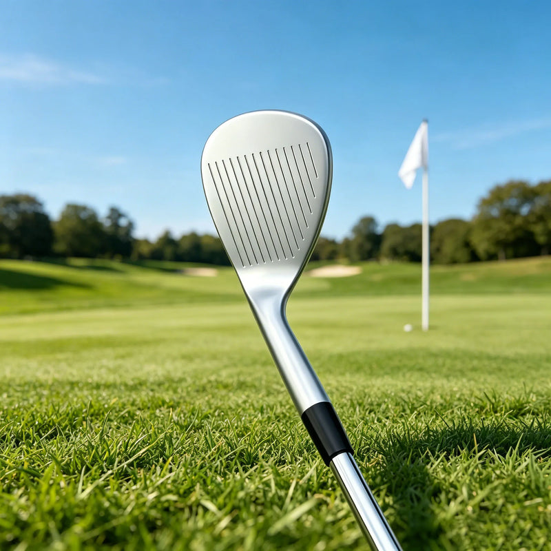 Wedge de golf haute rotation – face rainurée vue de face devant un drapeau