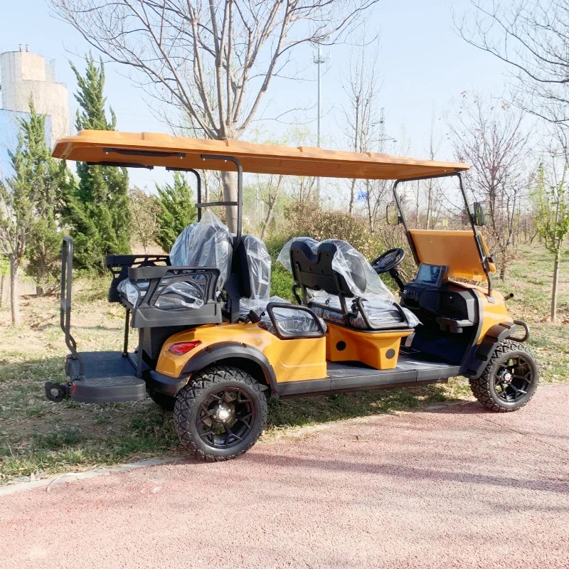 Voiturette de golf électrique multifonction jaune – vue de profil de la version longue