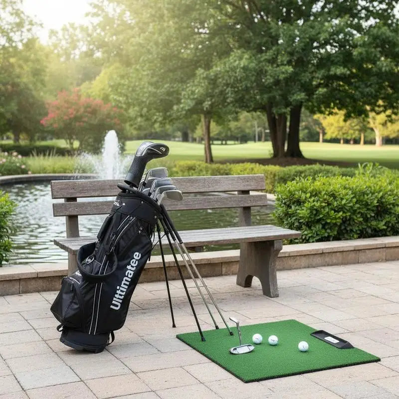 Set de golf complet gaucher – sac posé près d'un tapis de putting en terrasse