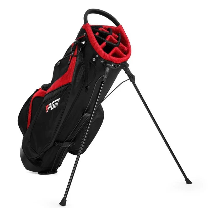 Sac de golf trépied 14 compartiments – sac noir et rouge sur son trépied avec le haut du sac et son anneau rouge