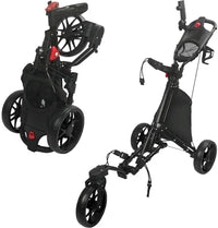 Chariot de golf pliable 3 roues – version noire, déployée et repliée