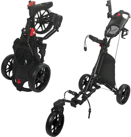 Chariot de golf pliable 3 roues – version noire, déployée et repliée
