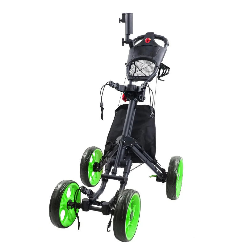 Chariot de golf manuel 4 roues – modèle noir à roues vertes, déployé