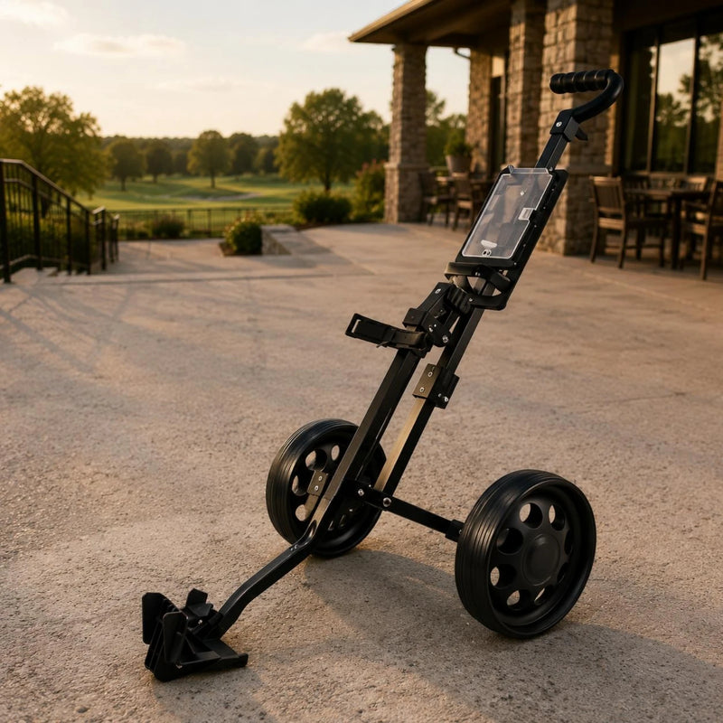 Chariot de golf pliable 2 roues – déplié devant un club-house en fin de journée