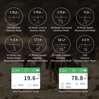 Télémètre laser de golf – affichages des modes de mesure : distance, hauteur, vitesse, surface et volume