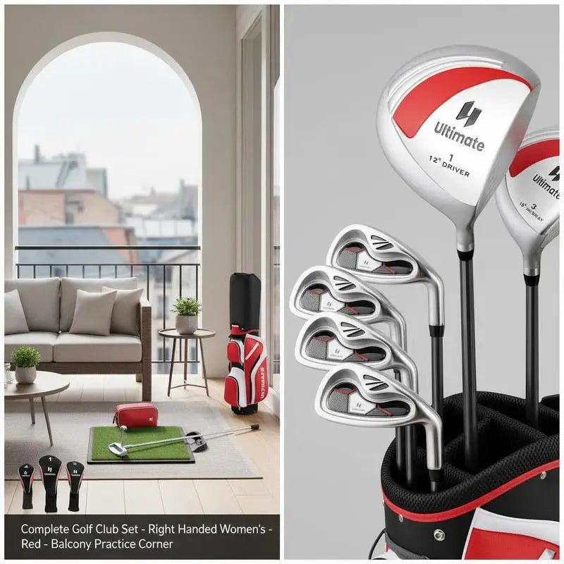 Set de golf complet femme – coin d'entraînement sur un balcon avec couvre-clubs et fers