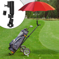 Porte-parapluie de chariot de golf – support avec parapluie rouge sur un chariot de golf avec sac