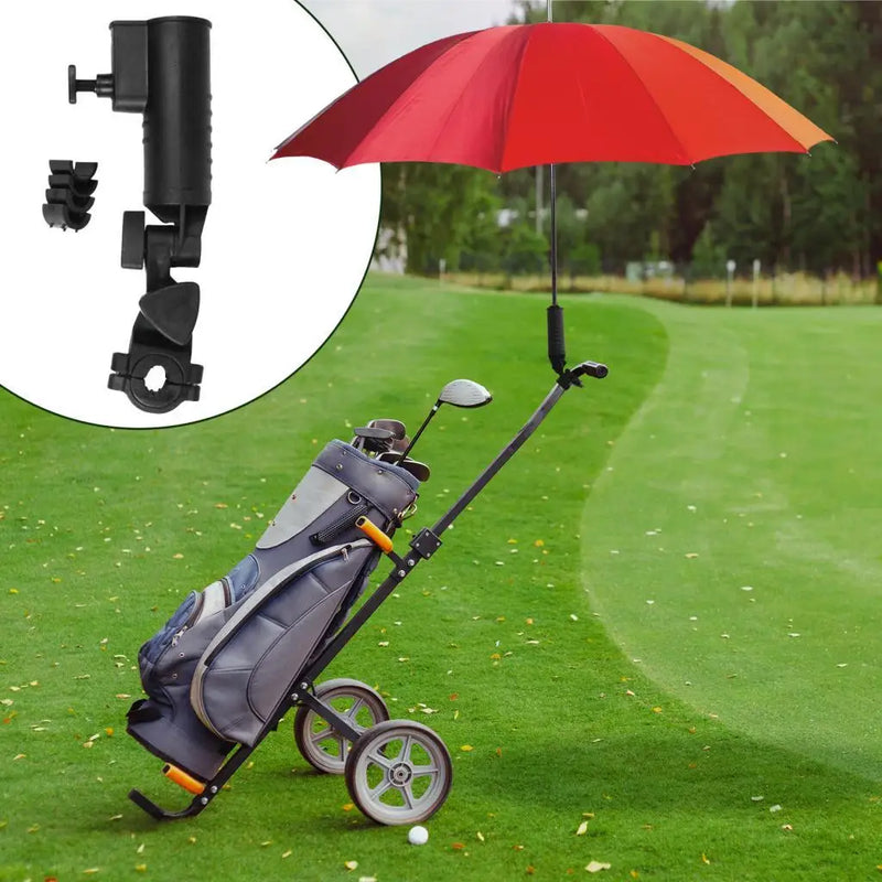 Porte-parapluie de chariot de golf – support avec parapluie rouge sur un chariot de golf avec sac