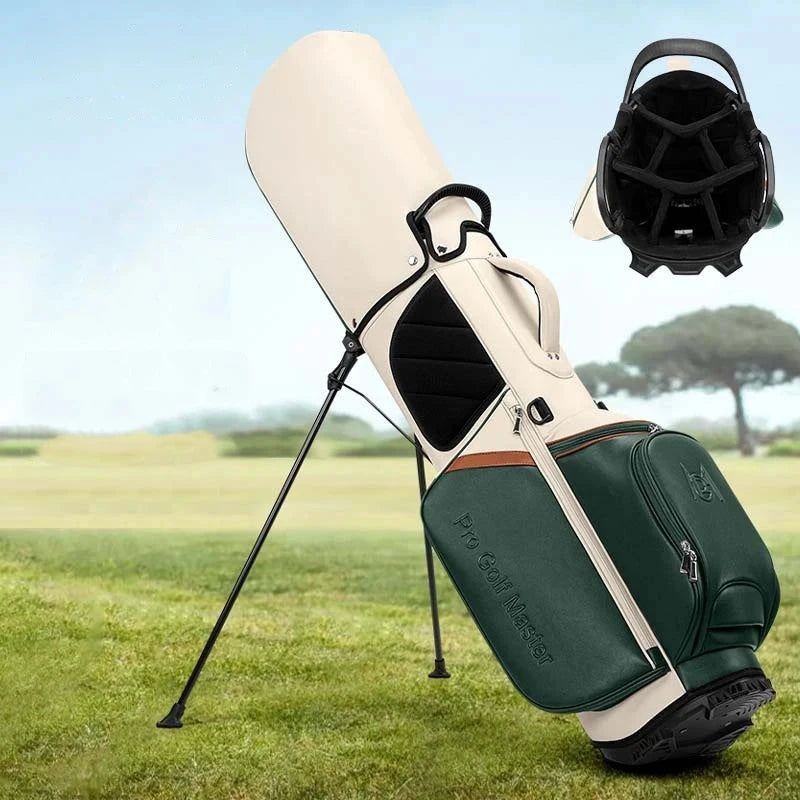 Sac de golf trépied léger en microfibre – sac sur ses pieds sur un parcours de golf, avec le haut du sac et ses compartiments