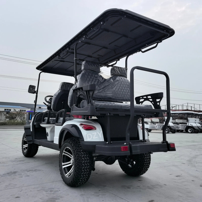 Voiturette de golf électrique blanche 4+2 – vue de trois quarts arrière avec barre de maintien