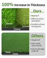 Tapis de practice golf double gazon – comparaison d'épaisseur : double gazon de 35 et 11 mm, base de 10 mm