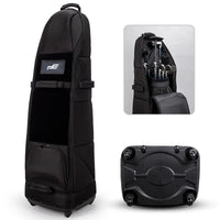 Housse de voyage golf à face souple – housse noire de face avec le sac ouvert et le dessous du socle à quatre roues