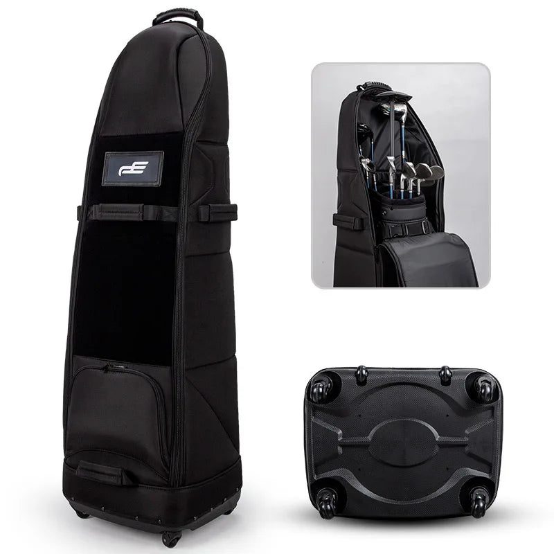 Housse de voyage golf à face souple – housse noire de face avec le sac ouvert et le dessous du socle à quatre roues